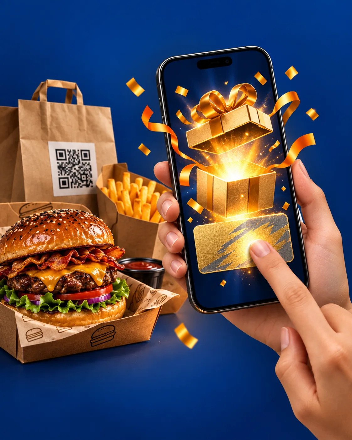 Cliente raspando no celular e revelando um presente, ao lado de uma embalagem de delivery com QR Code