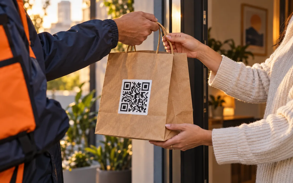 Motoboy entregando ao cliente uma embalagem de delivery com QR Code