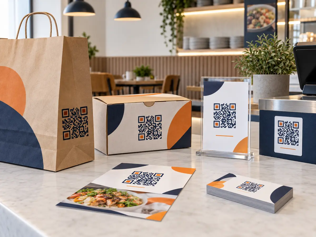 Saco kraft, caixa de delivery, panfleto, cartão de visita, expositor e balcão de loja com QR Codes promocionais