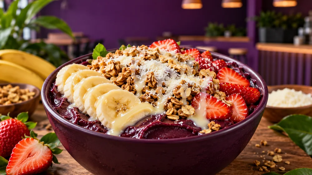 Tigela de açaí com frutas, granola e leite condensado