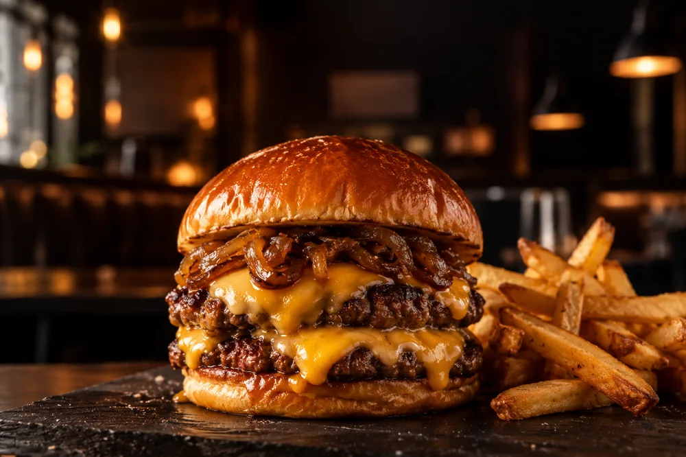 Smash burger artesanal com queijo e batatas fritas