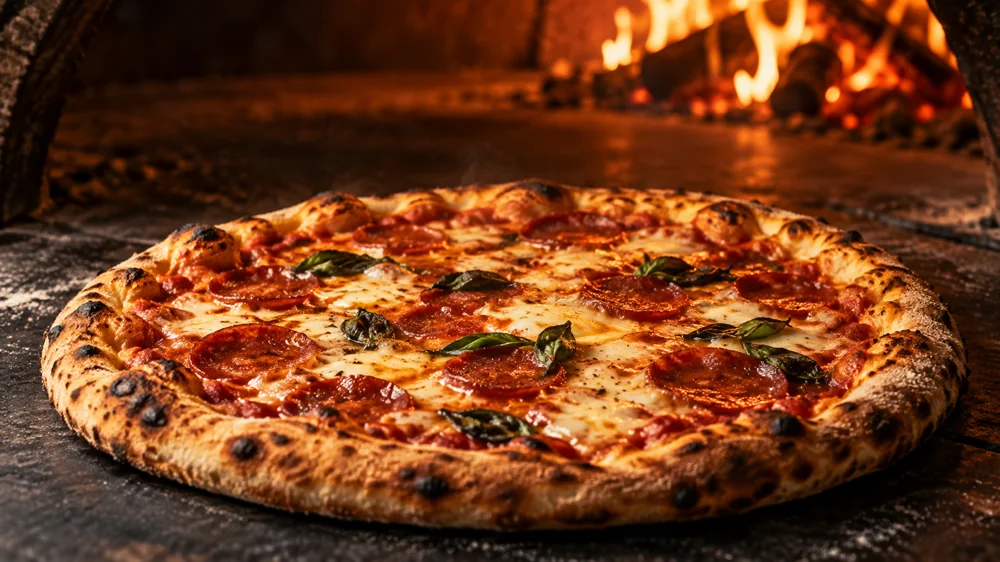 Pizza artesanal assada no forno a lenha